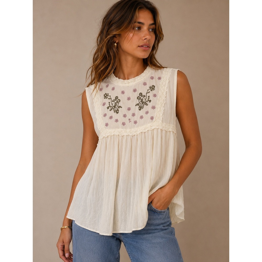 POL Women Sleeveless Top L Ivory Floral Embroidered Lace Trim Babydoll SMT130